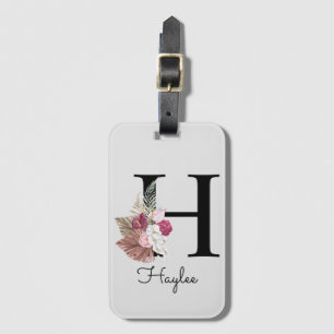 Initial H Monogram Pink Boho Girly Floral Luggage Tag