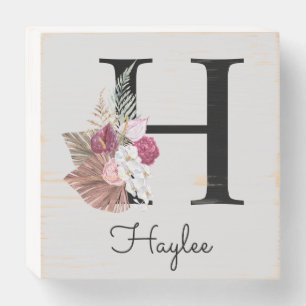 Initial H Monogram Pink Floral Wooden Box Sign