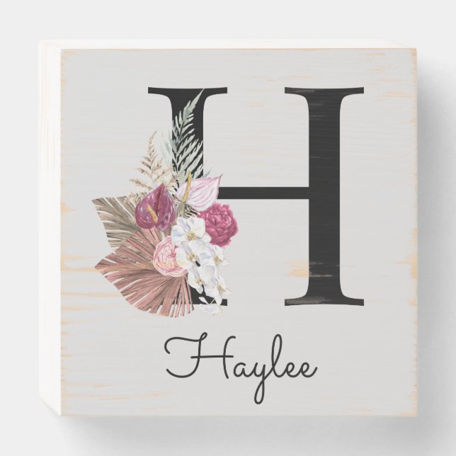 Initial H Monogram Pink Floral Wooden Box Sign (Front Horizontal)