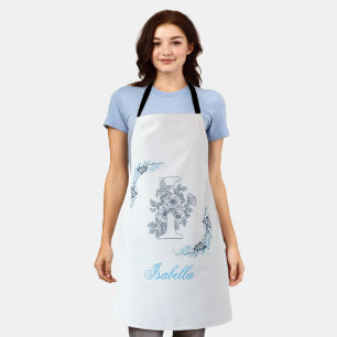 Initial "I" Blue Monogram Calm Floral Apron