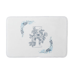 Initial "I" Blue Monogram Calm Floral Bath Mat