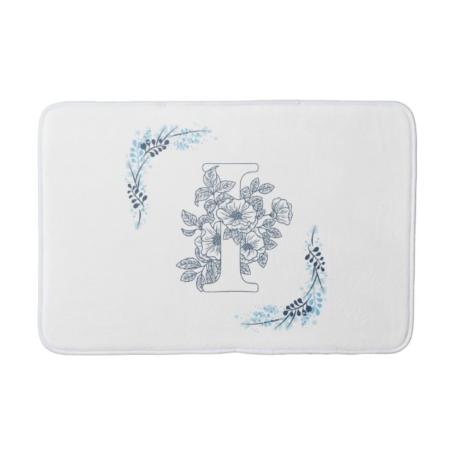 Initial "I" Blue Monogram Calm Floral Bath Mat (Front)