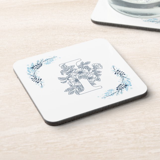 Initial "I" Blue Monogram Calm Floral Beverage Coaster (Left Side)