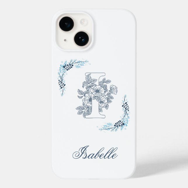 Initial "I" Blue Monogram Calm Floral Case-Mate iPhone Case (Back)