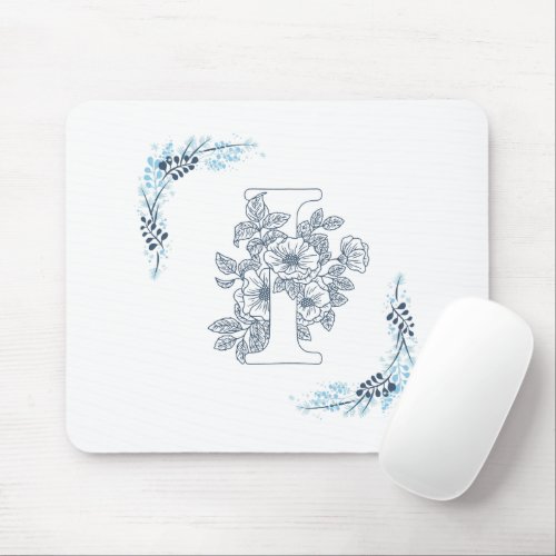 Initial I Blue Monogram Calm Floral Mouse Pad