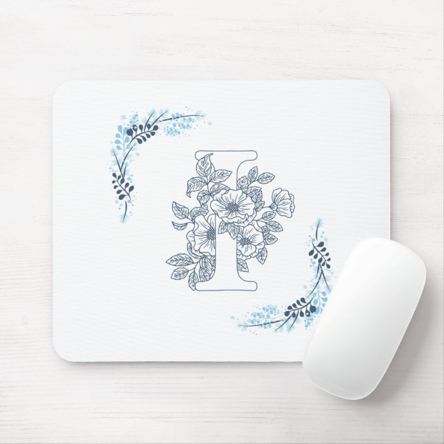 Initial "I" Blue Monogram Calm Floral Mouse Pad (With Mouse)