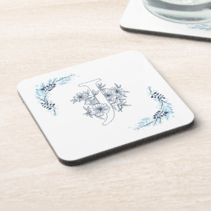 Initial "J" Blue Monogram Calm Floral Beverage Coaster