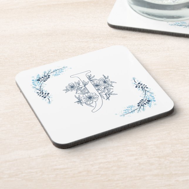 Initial "J" Blue Monogram Calm Floral Beverage Coaster (Left Side)