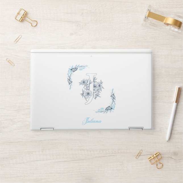 Initial "J" Blue Monogram Calm Floral HP Laptop Skin (Desk)
