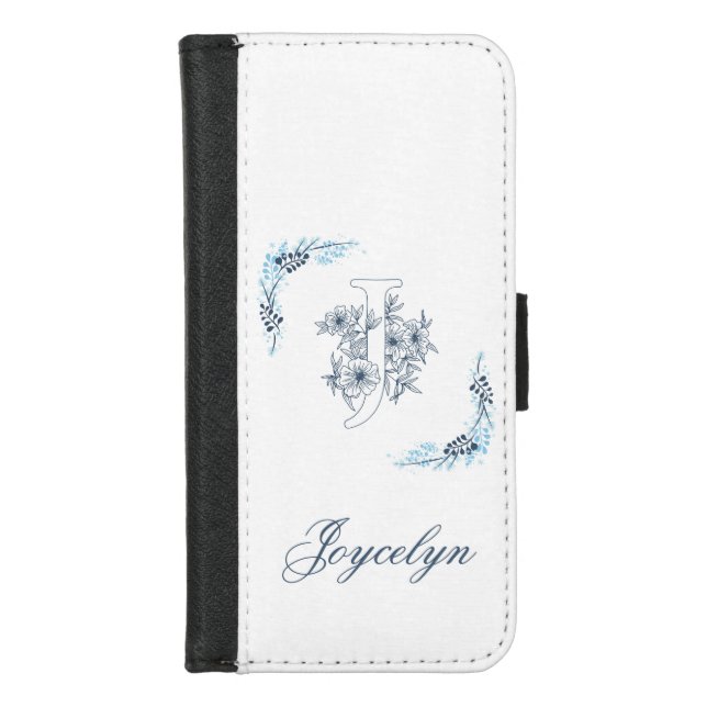 Initial "J" Blue Monogram Calm Floral iPhone Wallet Case (Front)