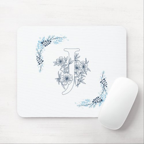 Initial J Blue Monogram Calm Floral Mouse Pad