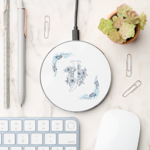 Initial "J" Blue Monogram Calm Floral Wireless Charger