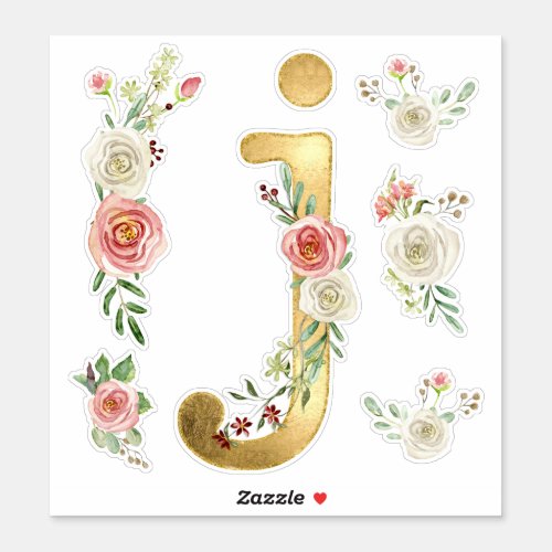 Initial J Gold Blush White Rose Floral Watercolor Sticker