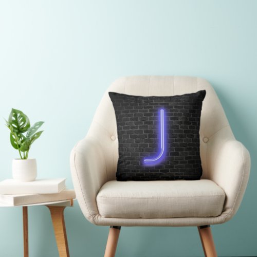 Initial J in Neon Lighting on Brick  Throw Pillow