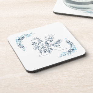 Initial "K" Blue Monogram Calm Floral Beverage Coaster