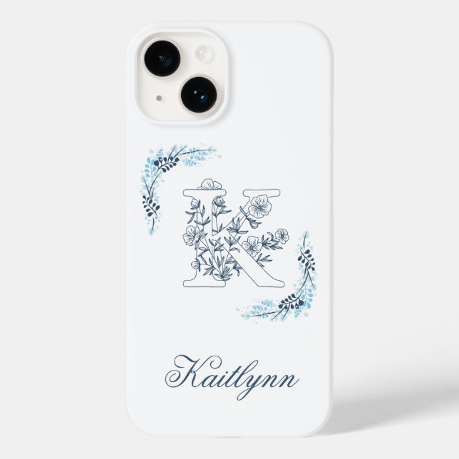 Initial "K" Blue Monogram Calm Floral Case-Mate iPhone Case (Back)