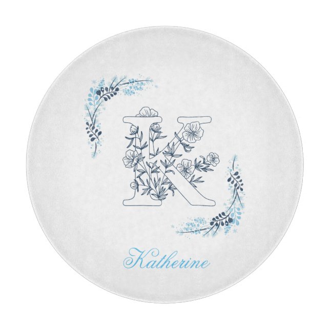 Initial "K" Blue Monogram Calm Floral Cutting Board (Front)