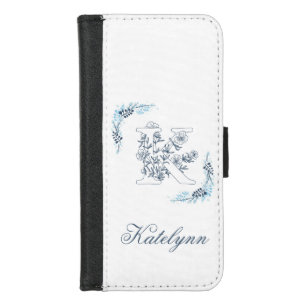 Initial "K" Blue Monogram Calm Floral iPhone 8/7 Wallet Case