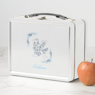 Initial "K" Blue Monogram Calm Floral Metal Lunch Box