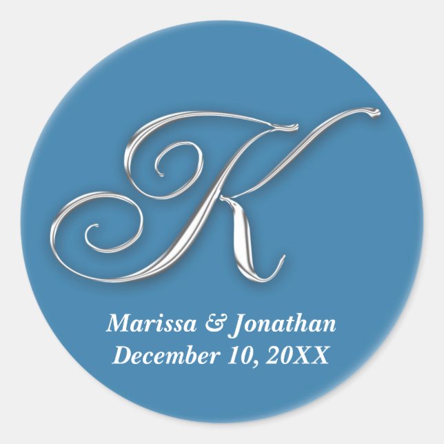 Initial K blue monogram custom name favor seal (Front)