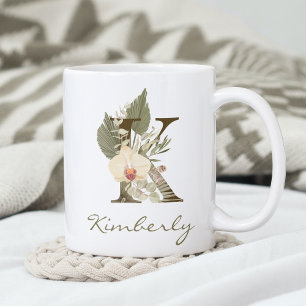 Initial K Boho Floral Orchid Greenery Custom Name Coffee Mug