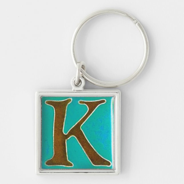 initial K keychain, cloisonne turquoise and brown Keychain (Front)