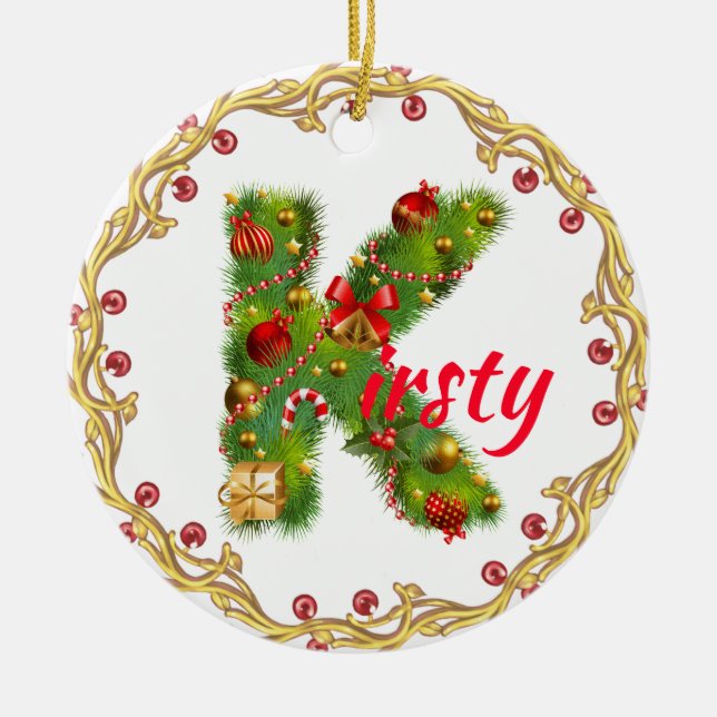 initial K monogrammed christmas ornament CUSTOMIZE (Front)