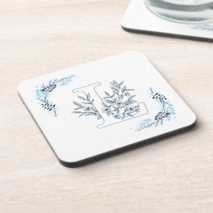 Initial "L" Blue Monogram Calm Floral Beverage Coaster