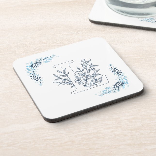 Initial "L" Blue Monogram Calm Floral Beverage Coaster (Left Side)