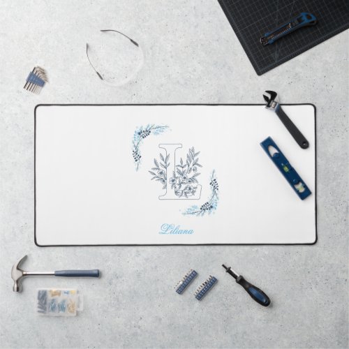 Initial L Blue Monogram Calm Floral Desk Mat