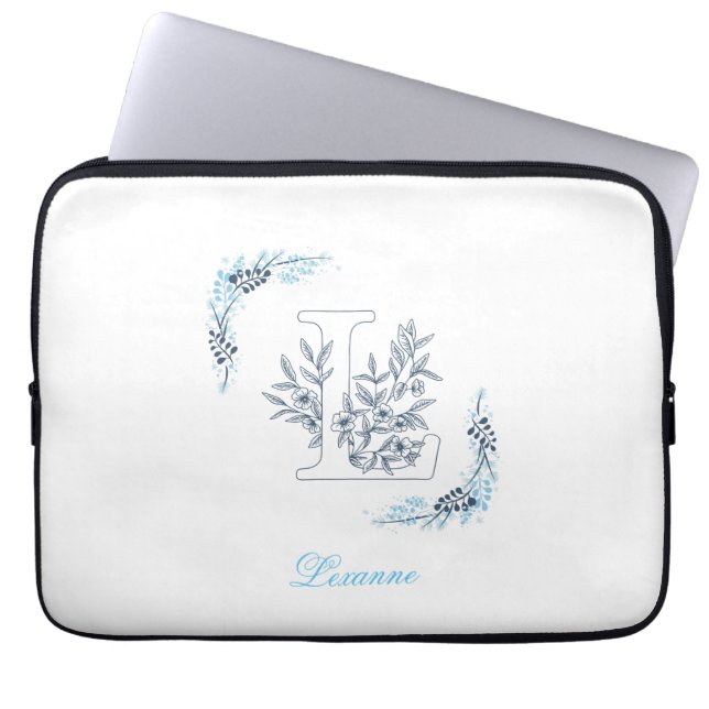 Initial "L" Blue Monogram Calm Floral Laptop Sleeve (Front)