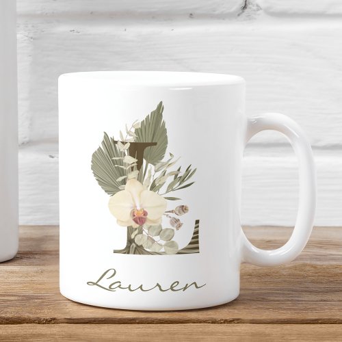 Initial L Boho Floral Orchid Greenery Custom Name Coffee Mug