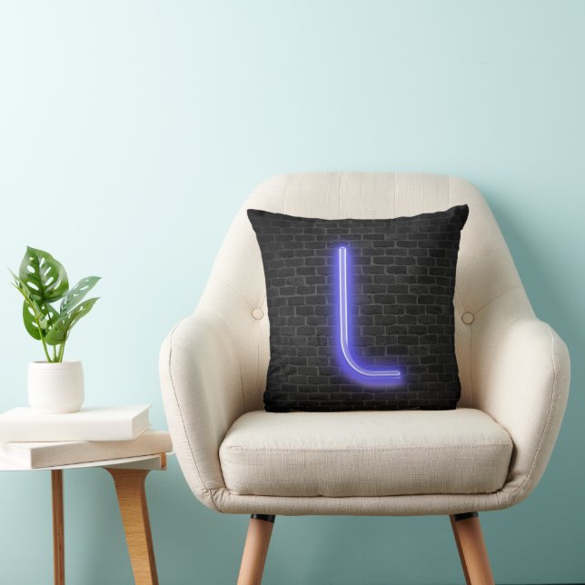 Initial L In Neon Marquee On Brick Throw Pillow (Chair)