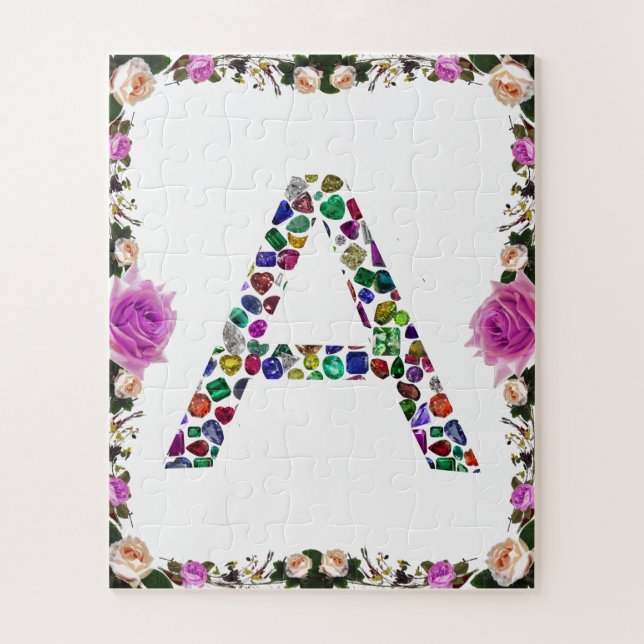 Initial Letter A with Gemstone Floral Monogram Jigsaw Puzzle (Vertical)