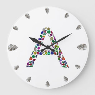 Initial Letter A with Gemstone Floral Monogram Large Clock