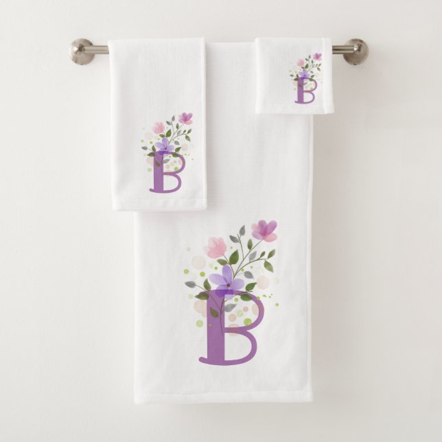 Initial Letter B Plus Floral Design Bath Towel Set (Insitu)