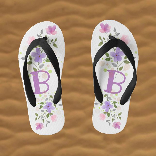 Initial Letter B Plus Floral Design Kid's Flip Flops (Creator Uploaded)