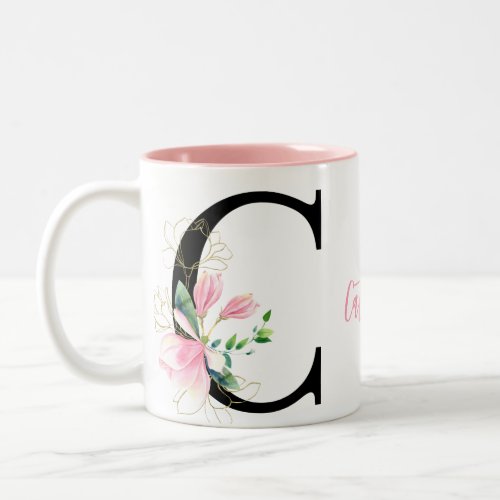 Initial Letter C Pink Floral with Gold Two_Tone  Two_Tone Coffee Mug