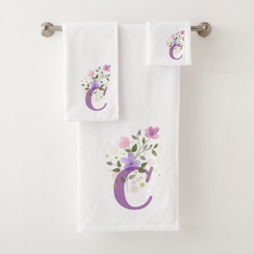 Initial Letter C Plus Floral Design Bath Towel Set