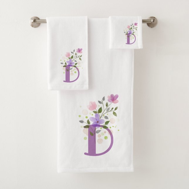 Initial Letter D Plus Floral Design Bath Towel Set (Insitu)
