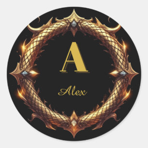 ✨ Initial Letter Dragon Ornate Circle Frame ✨ Classic Round Sticker