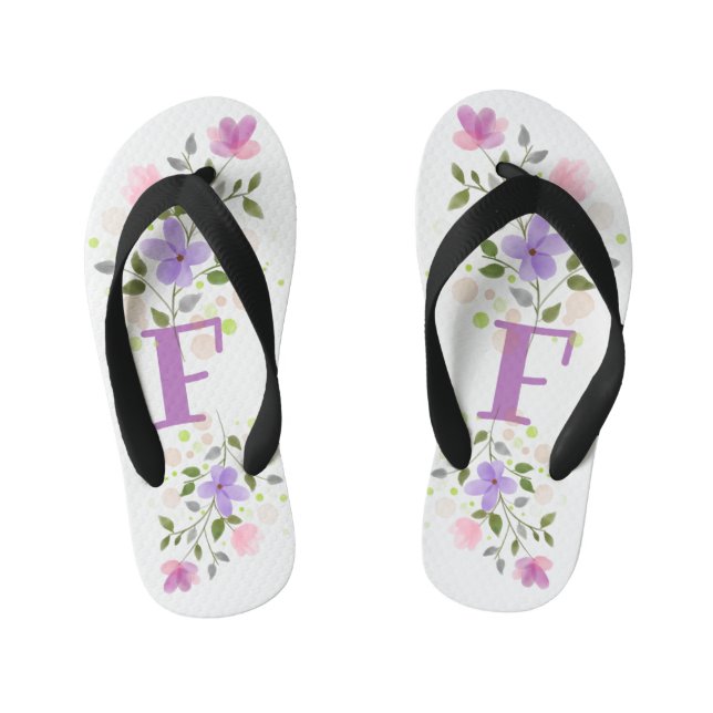 Initial Letter F Plus Floral Design Kid's Flip Flops (Footbed)