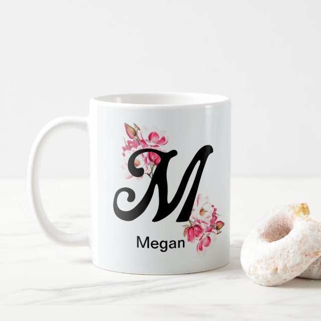 Initial Letter Floral M Monogram Coffee Mug (With Donut)