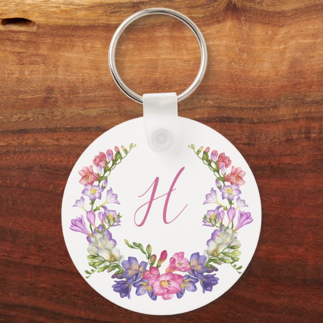 Initial Letter Floral Wreath Metal Custom Keychain (Front)