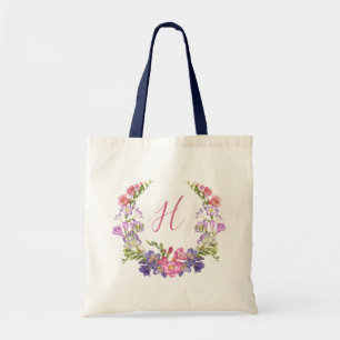 Initial Letter Floral Wreath Personalized Tote Bag