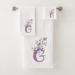 Initial Letter G Plus Floral Design Bath Towel Set