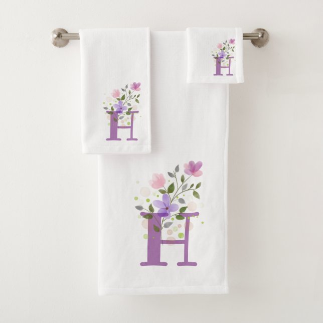 Initial Letter H Plus Floral Design Bath Towel Set (Insitu)