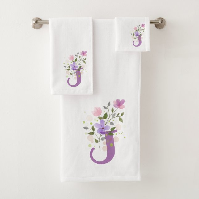 Initial Letter J Plus Floral Design Bath Towel Set (Insitu)