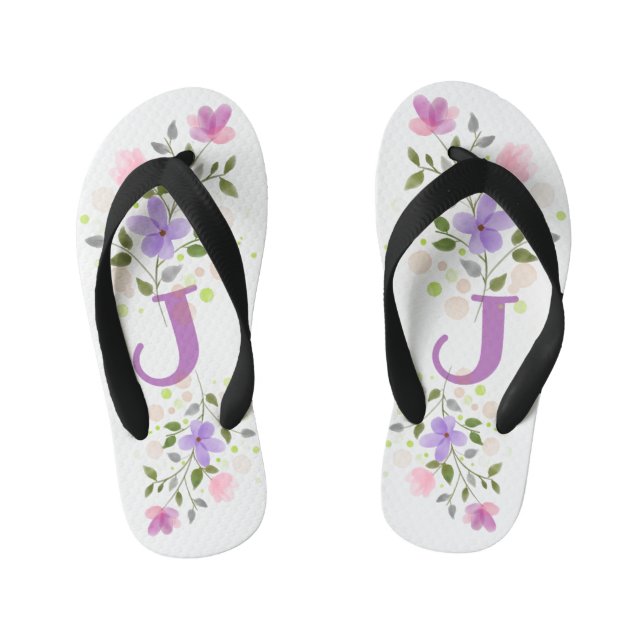 Initial Letter J Plus Floral Design Kid's Flip Flops (Footbed)