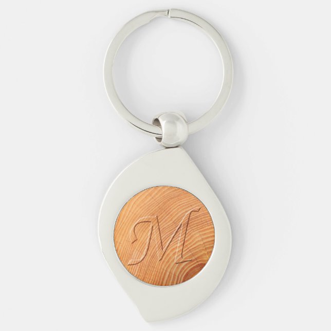 Initial Letter M Faux Distressed Wood Print  Keychain (Front)